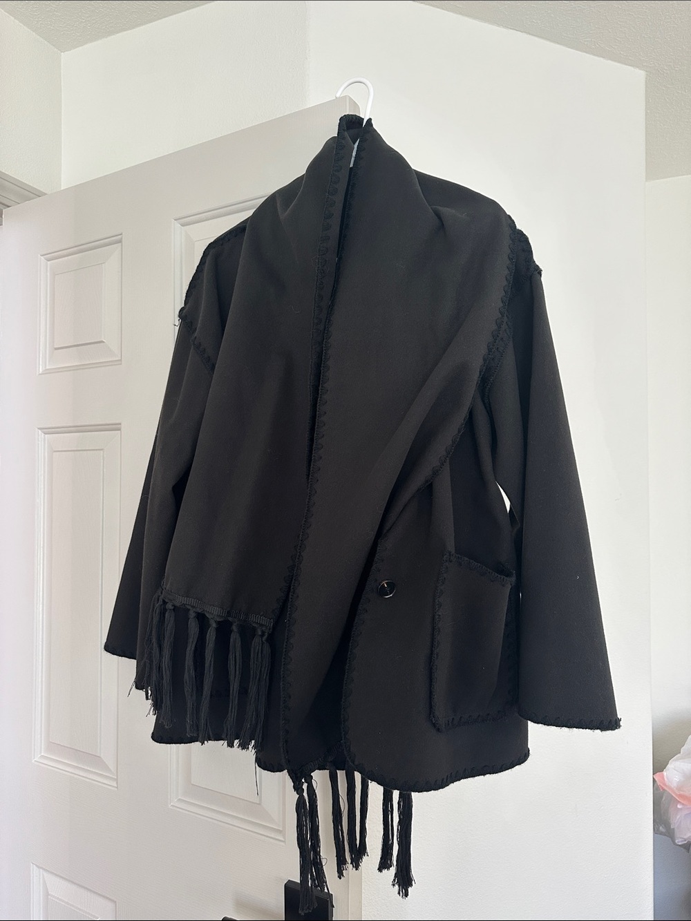 Toteme Black Fringe Open-Front Cape Jacket